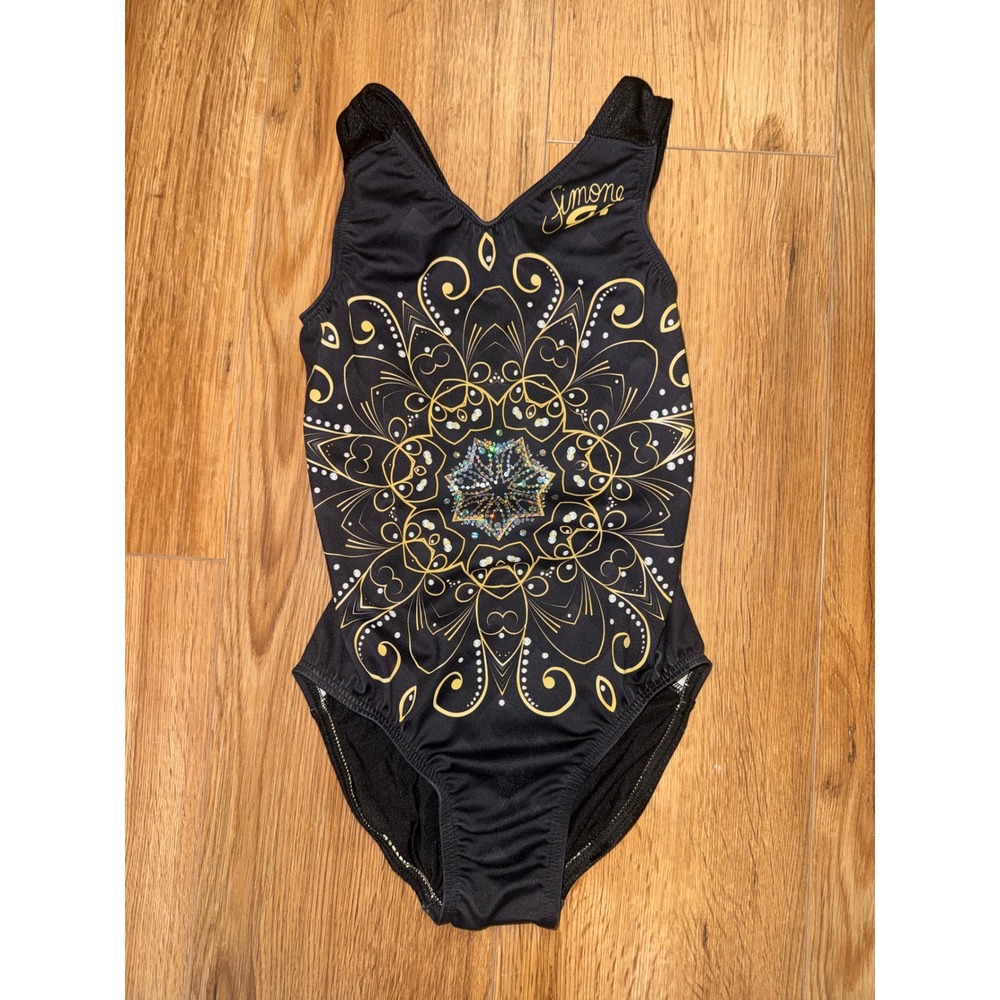 GK Elite Simone Biles Gymnastics Leotard Black Gold Mandala Rhinestone Kids CM